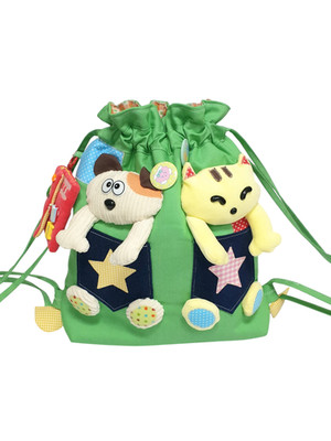 Cute Kawaii Drawstring Bag Cat Dog Plush Patchwork Handmade Bucket Bag Green