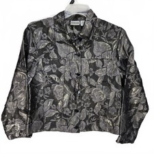 Chico's Metallic Floral Silk Blend Jacquard Jacket Size 1 Silver Black Evening