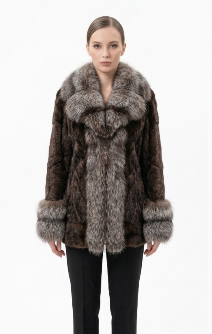 Luxury Womens Genuine Mink Fur Coat Silver Fox Fur Trim Dark Brown Winter Jacket