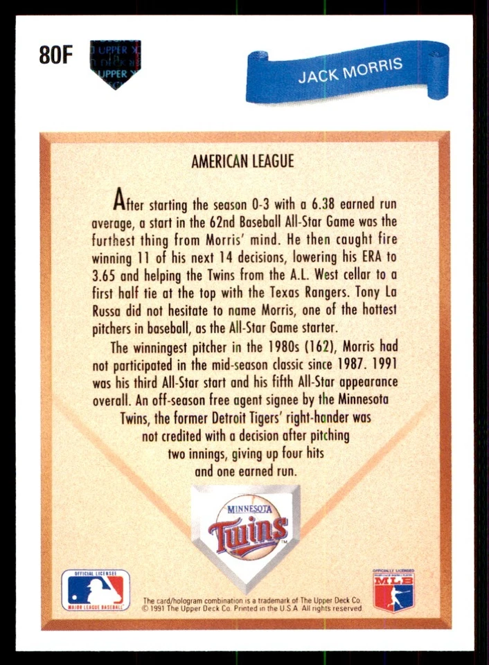 1991 Upper Deck Final Edition Jack Morris Minnesota Twins #80F - Image 2 of 2