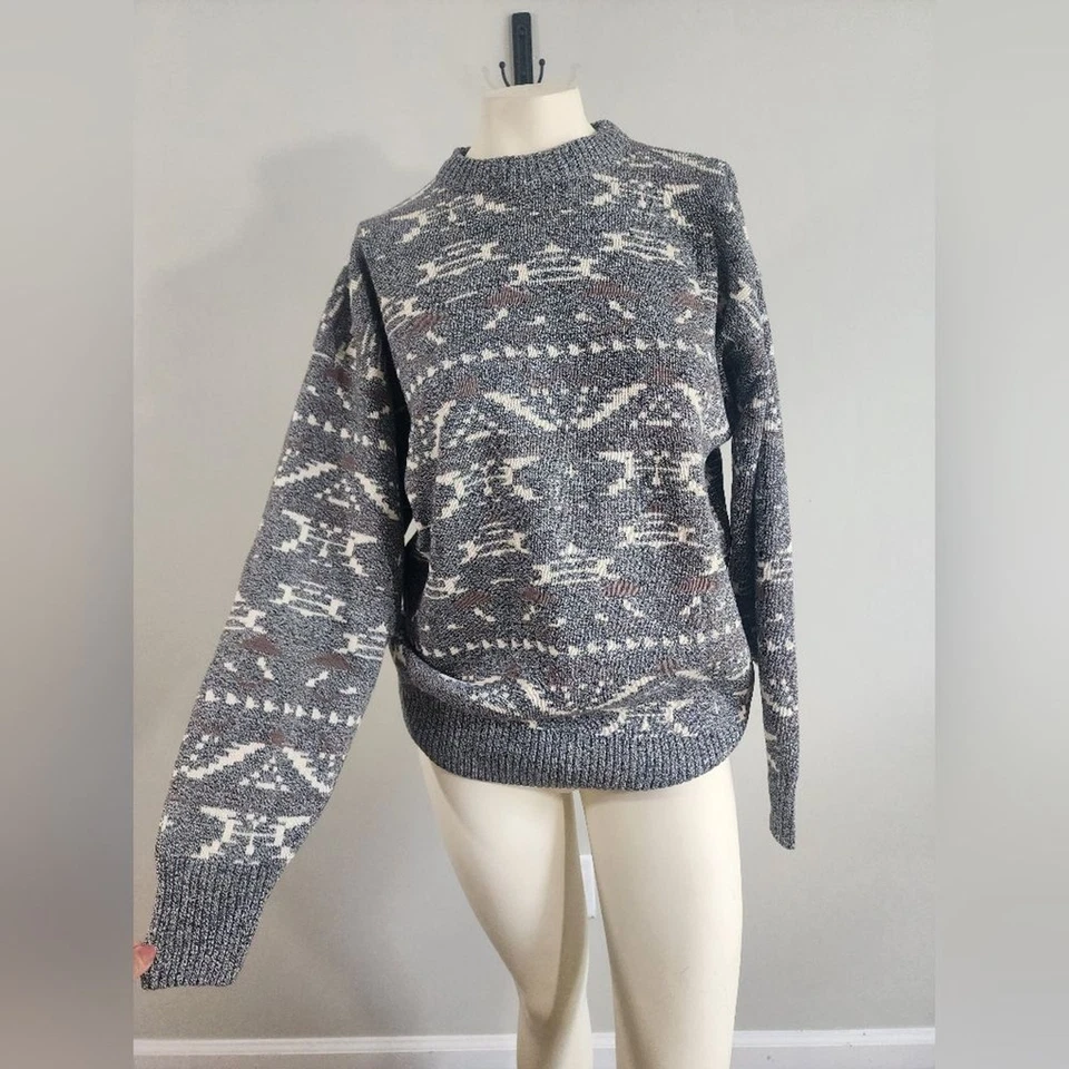 复古 Damon Grandpa 毛衣男式 L 美国制造 100% 棉灰色几何针织 — 第 2/4 张图片