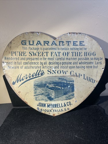 RARE Vintage 1920's MORRELL'S SNOW CAP LARD Tin Litho Advertising Heart Sign