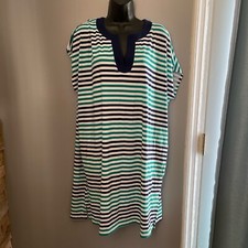 Lands end Blue and green striped short sleeve V-neck tunic slip dress size XL