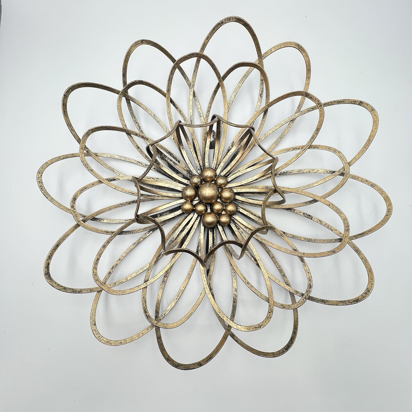 Metal Wall Hanging Art Mid Century Modern Weathered Brass Color Flower 21”D 3D