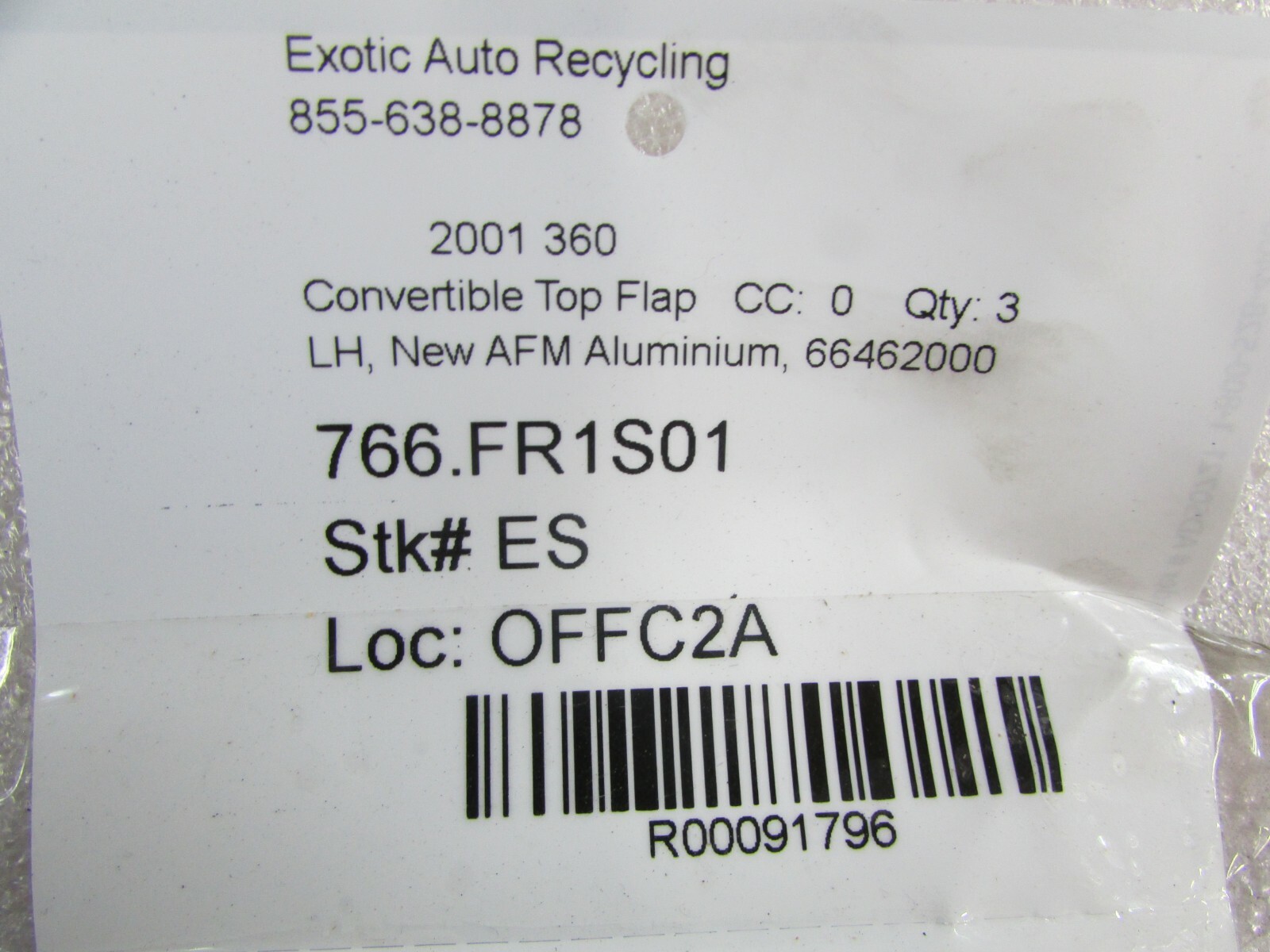 Ferrari 360, F430, LH, Convertible Top Flap, AFM Aluminum, New, P/N 66462000