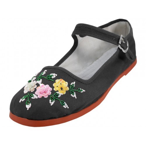 Women's Chinese Mary Jane Floral Sequin Cotton Shoes Slippers Red & Black 5-11 - Picture 8 of 8
