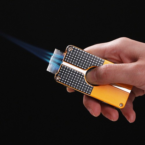 Windproof Triple Jet Torch Flame Cigar Cigarette Lighter with Punch Tool Yellow - Picture 5 of 7