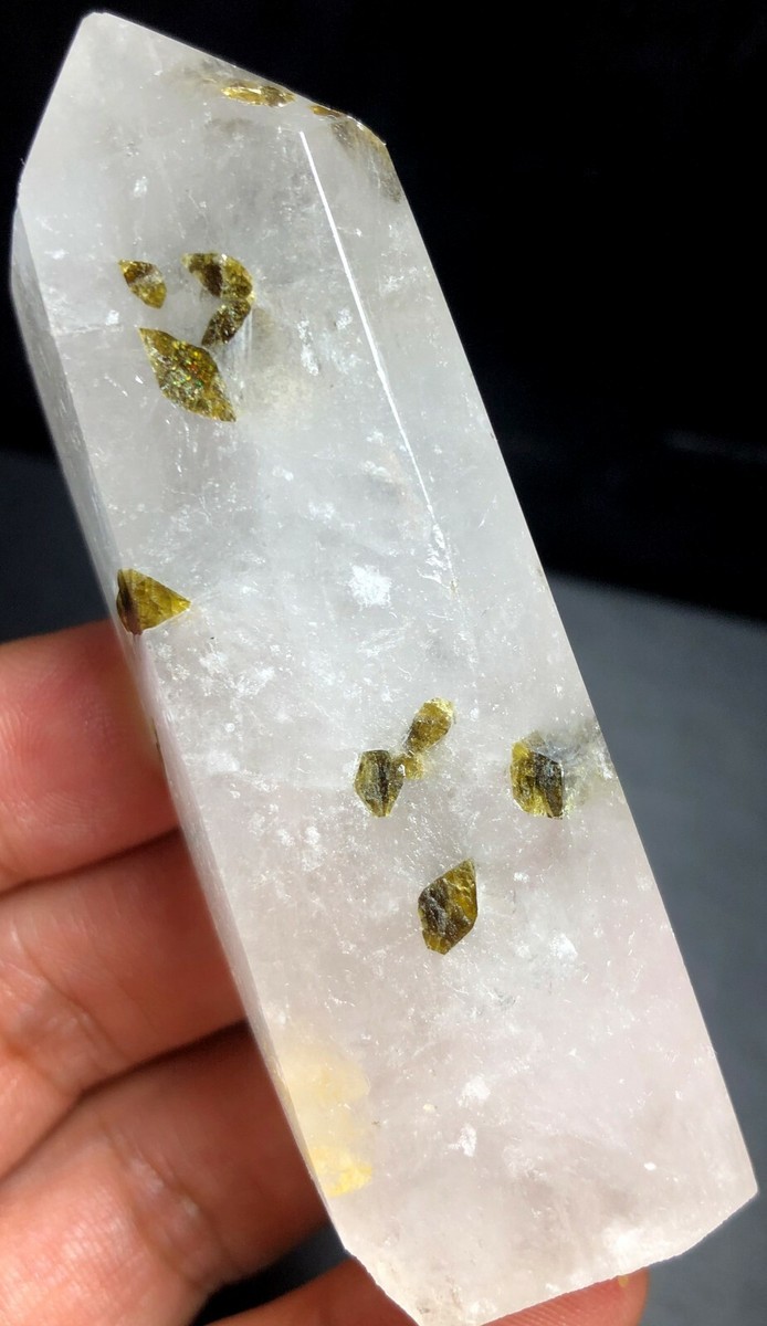91g Natural Green hair Quartz Crystal Point & GREEN Tourmaline