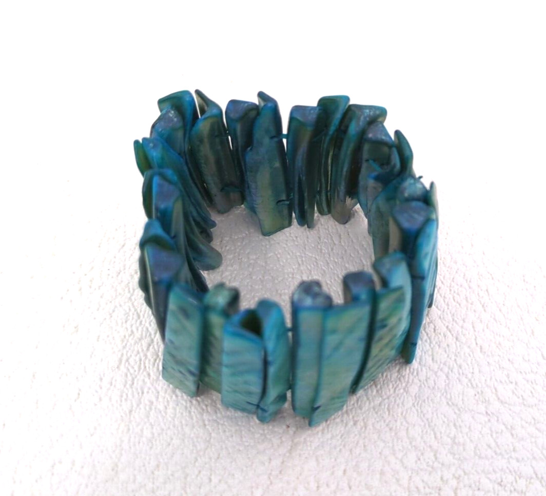 2 Shell Stretch Cuff Bracelets Iridescent Turquoi… - image 5
