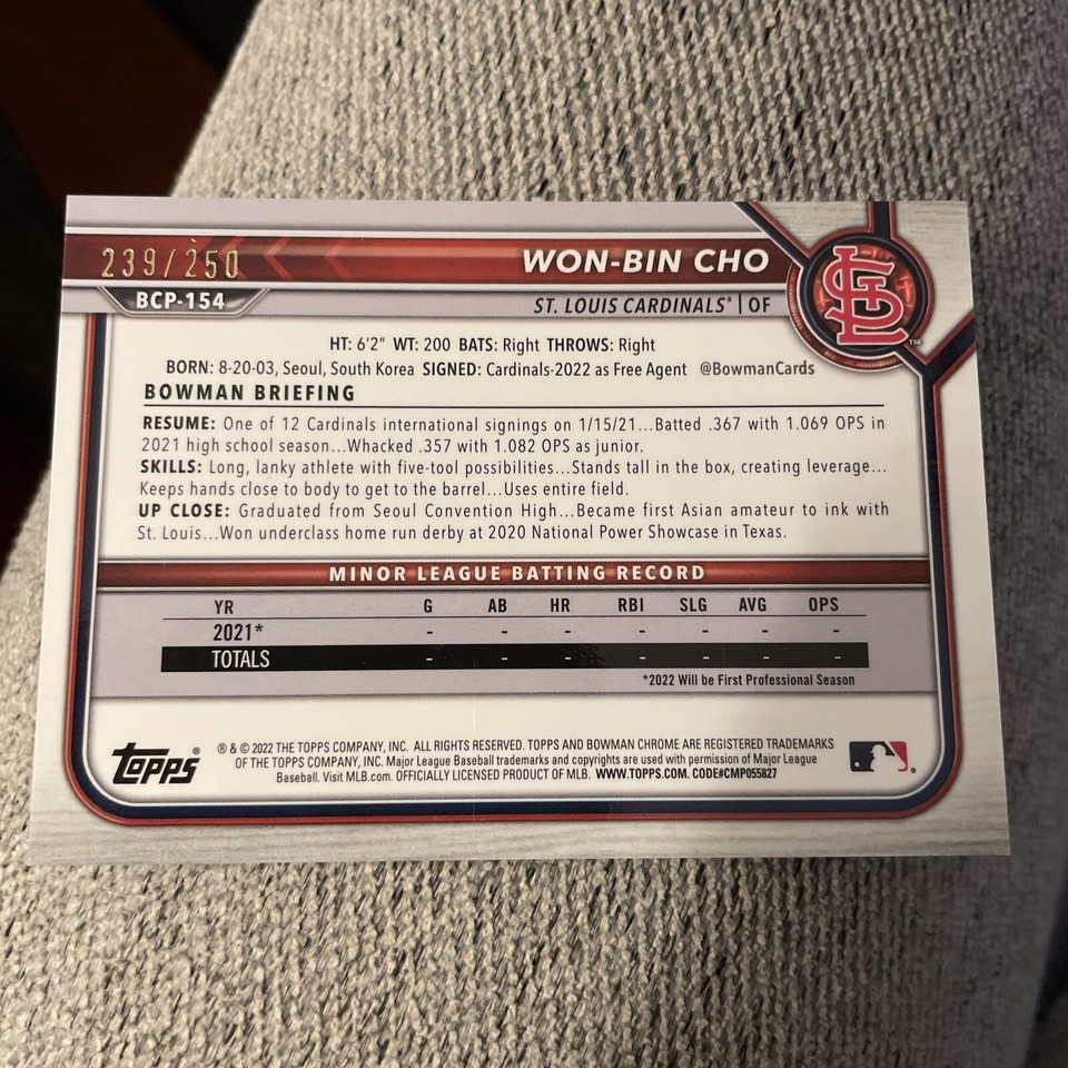 2022 Bowman Chrome BCP154 WonBin Cho Purple Refractor 239/250 1st