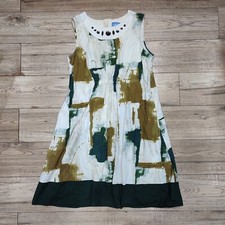 Vera Wang SimplyVera Cotton Beige & Green Print Elastic Gathered Dress • 12