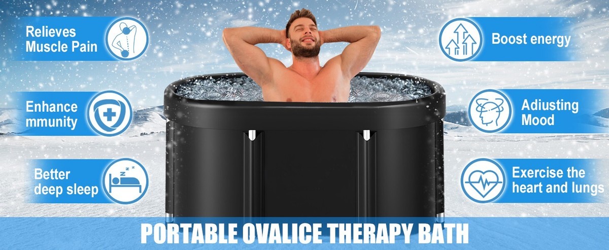 175 Gallon Oval Ice Bath & Cold Plunge Tub - Inflatable With Air Cushion Ring, Foldable, Multi-Layer Insulation, Includes Lid & Drain (55" X 26" X 27")