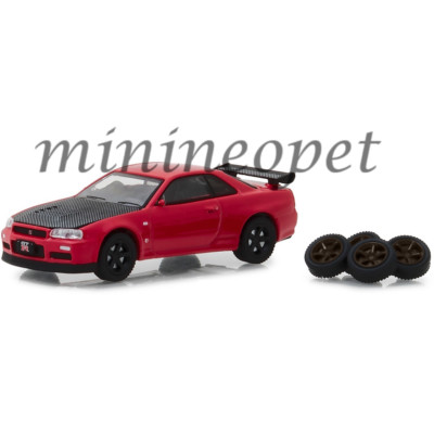 GREENLIGHT 97040 E 2002 NISSAN SKYLINE GT-R R34 1/64 with EXTRA WHEELS RED
