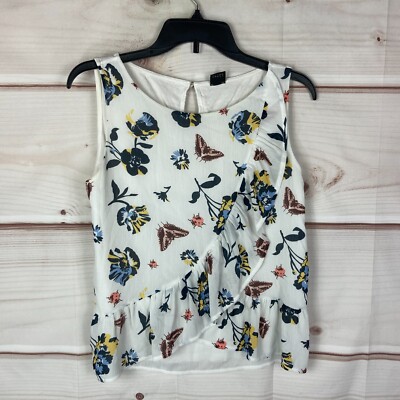 S.Oliver Top Womens 8 White Butterfly Print Tank Sleeveless Blouse Boat Neck