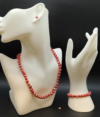 Raspberry Cream 7-9mm Freshwater Pearls Necklace, Bracelet, & Earrings, Genuine