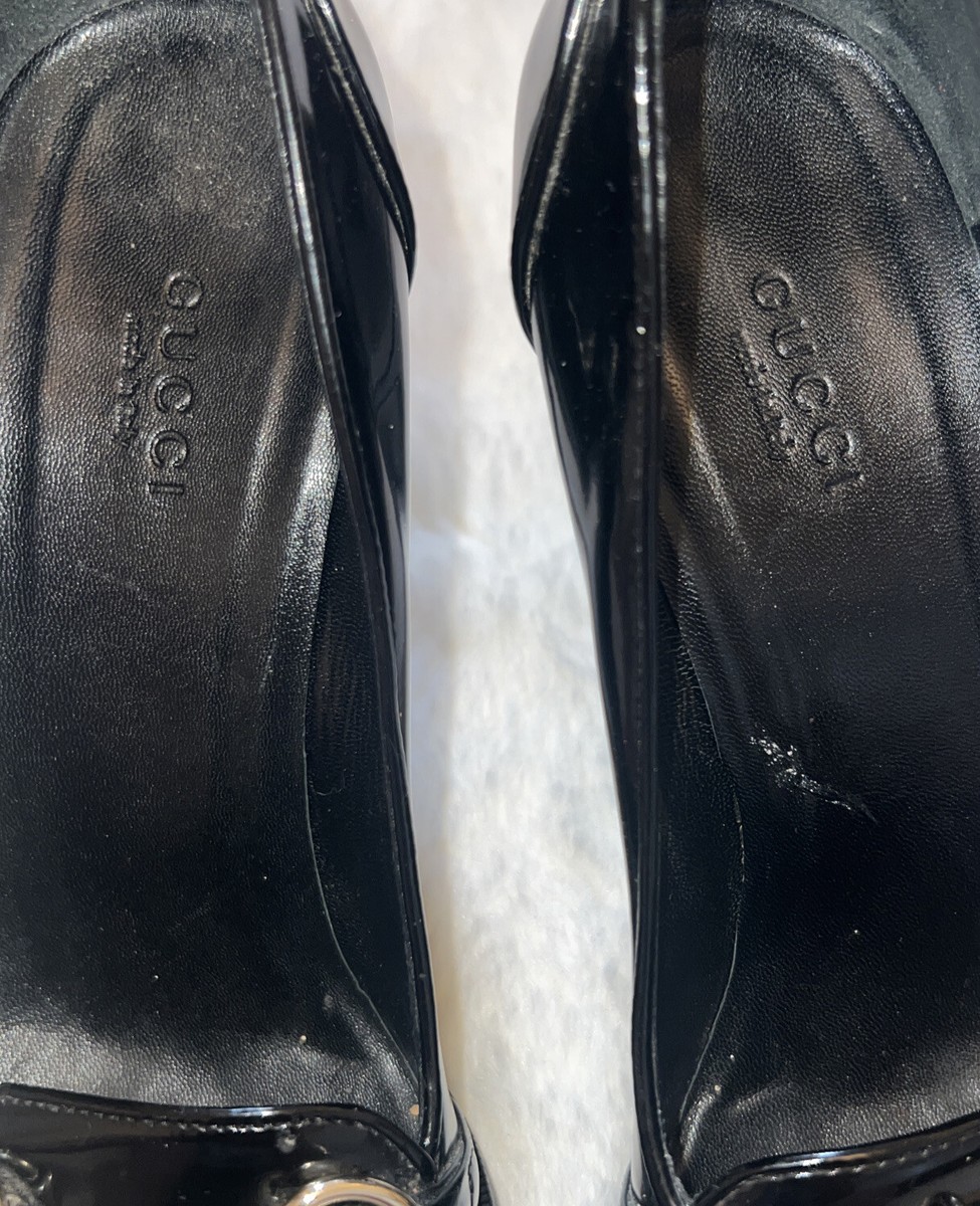 Women's GUCCI High Heel Black Leather Golden Brass Horsebit Pumps