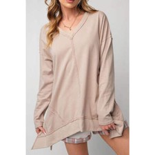 Exposed Seam V-Neck Long Sleeve Slit Sweatshirt