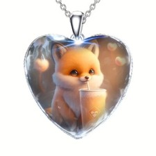 Cute Exquisite Drinking Little Fox Detail Kids Heart Pendant Necklace