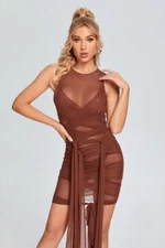 Brown Bodycon Mesh Material See-Through Strappy Mini Dress
