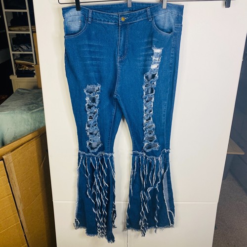 Women's 3XL Jeans 60s 70s Hippie Festival Thrashed Distressed Flared Ripped