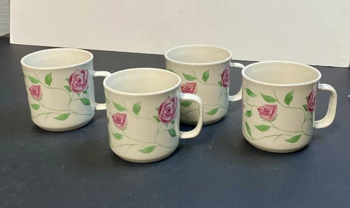 Vintage Set Of 4 Stoneware Pink Rose Flowers With Greens Coffee Tea Cup 6 oz