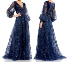 NWT Mac Duggal Embellished Plunge Neck Puff Sleeve A Line Gown SZ 4 Blue 20506