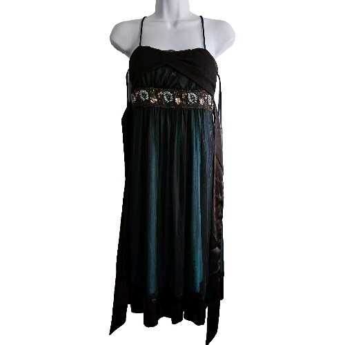 Intrigue Y2K Dress M Forest Fairy Grunge Empire Waist Bead Mesh Vtg Hoco Bow 90s