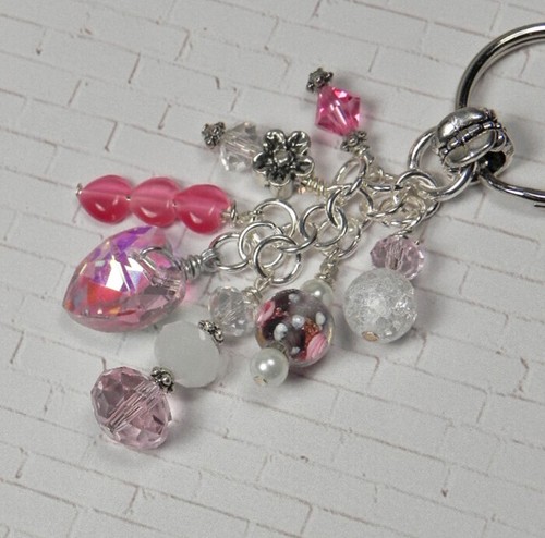 Heart Flower Crystal Beaded Handmade Keychain Split Key Ring Pink White - Picture 3 of 4