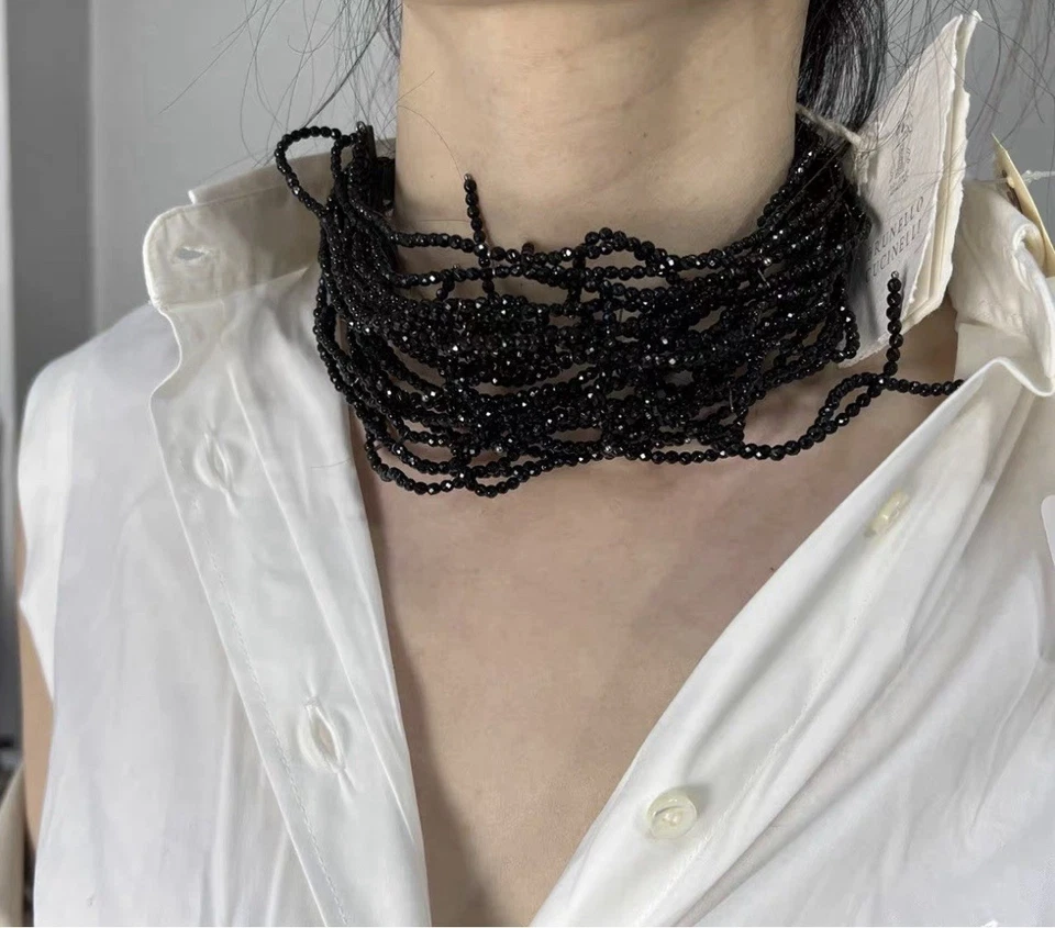 NUEVO CON ETIQUETAS Collar Brunello Cucinelli Cuentas Negro Espinela Multi Hilos Cuero Foto 2 de 4