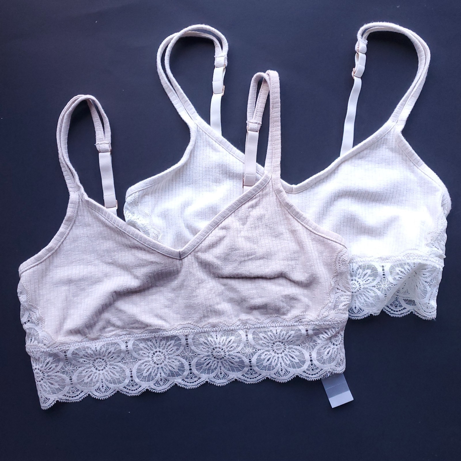 Aerie Bralette Size Large Lot of 2 Ribbed Pullover Lace Trim Beige Cream-image
