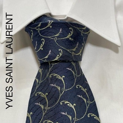 Yves Saint Laurent Navy Silk Tie Lee Plant Wave Pattern