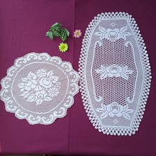 2 Vintage Handmade DOILY CROCHETED FILLET LACE White with Floral Pattern. Cotton