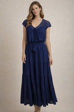 Maxi Dress Blue Tiered Lace Womens Medium BoHo Tassels Smocked Elastic Waist