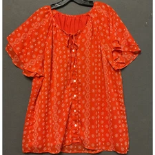 Boho Orange Starburst Peasant Top Size XL Tiered Ruffle Sleeve Cottage Core Boho