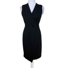 T Tahari Size 4 Women's V-neck Asymmetric Hem Sheath Dress Black Career Formal