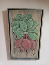 Carved Wood  Still Life OAK 1984 Artist S.R. Carney Stained  Pannel of Beets Lrg