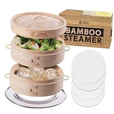 Steamer 10 Inch 2 Tier Wooden Basket With Handle, Ring Adapter, Reusable Bamboo