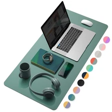 31.5 x 15.7 Dual-Sided Desk Pad, Leather, Waterproof, Pistachio Green, Blue