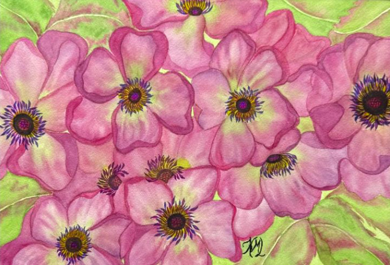 PAINTING WATERCOLOR 11X14 & WHITE MAT 16X20 FLOWER ANEMONE PINK LAVENDER PURPLE