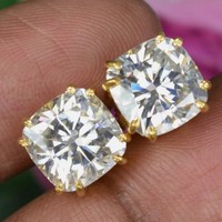 VVS1 Moissanite Stud 14K Yellow Gold Plated 2 CTW Cushion Cut Earrings For Women