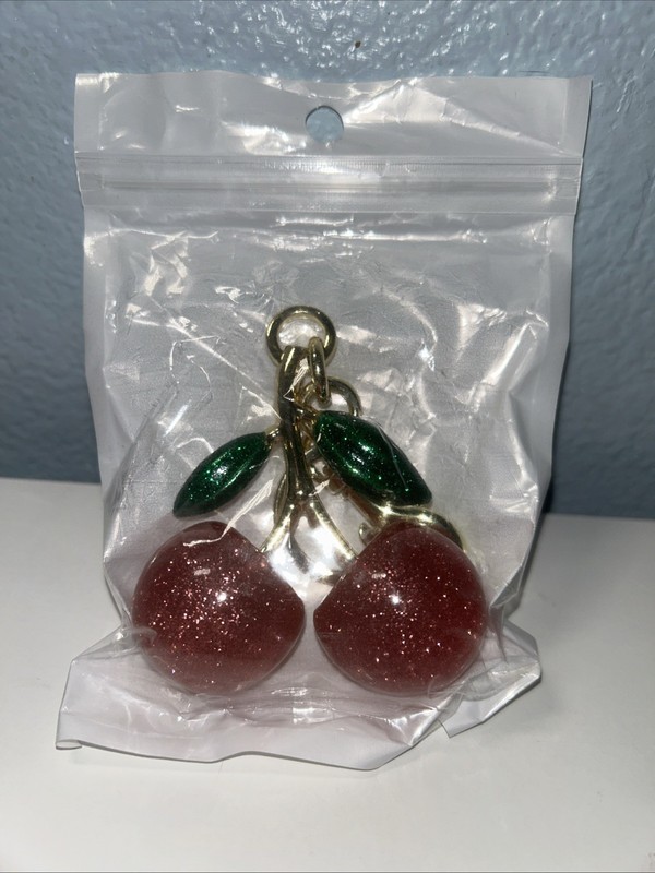 Sparkly Double Cherry Gold Stem Bag Charm/ Keychain