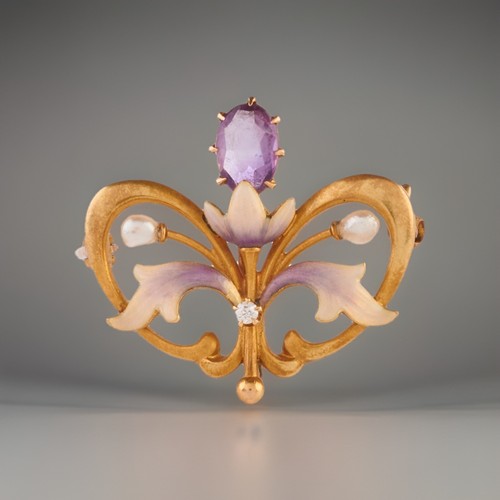Antique Krementz 14K Gold, Enamel, Diamond, Baroque Pearl & Amethyst Brooch