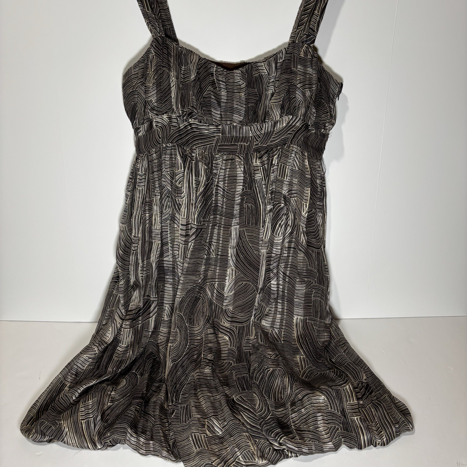 MING SUIT Dress Women Sz 8 Brown 100% Silk Stripey Flirty Night Out Bubble Hem