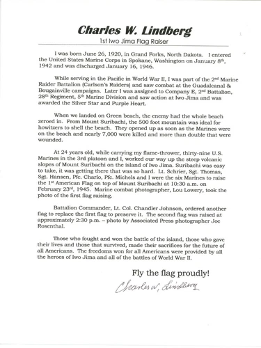 Autographed Story Charles W. Lindberg U. S. Marine Battle of Iwo Jima Flag COA
