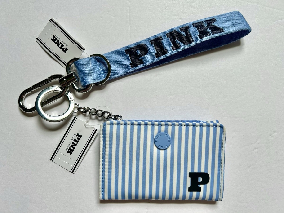 NEW! Victoria's Secret Pink WALLET + KEYCHAIN SET in Blue Stripe