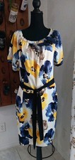 Simply Vera Blue/Yellow Floral Dress Size Large Embellished Neckline, Silky Feel