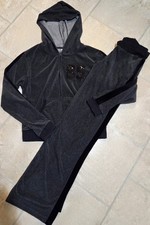 Womens Y2K Vintage Blingy Velour Dark Gray/Black Flared Tracksuit Sz M fits S 