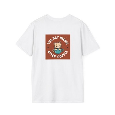 Cat in Coffee Cup T-Shirt | The Day Begins After Coffee Back Graphic
