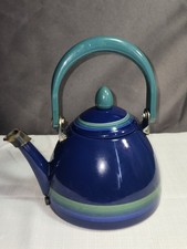 Vintage Enamel Tea Kettle Pot Ocean Breeze Bl...