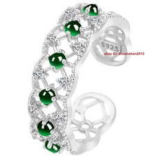 Certified Green Natural Grade A Jade jadeite 925 Silver Inlay Lace Openwork Ring